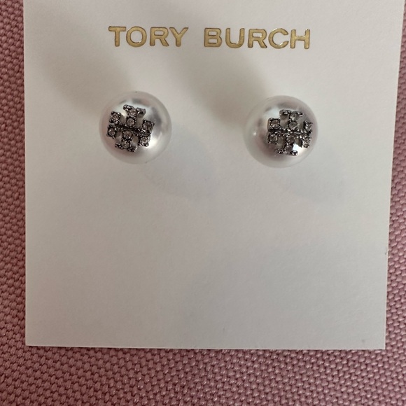 Tory Burch Silver Logo Pearly Earrings - Picture 3 of 3